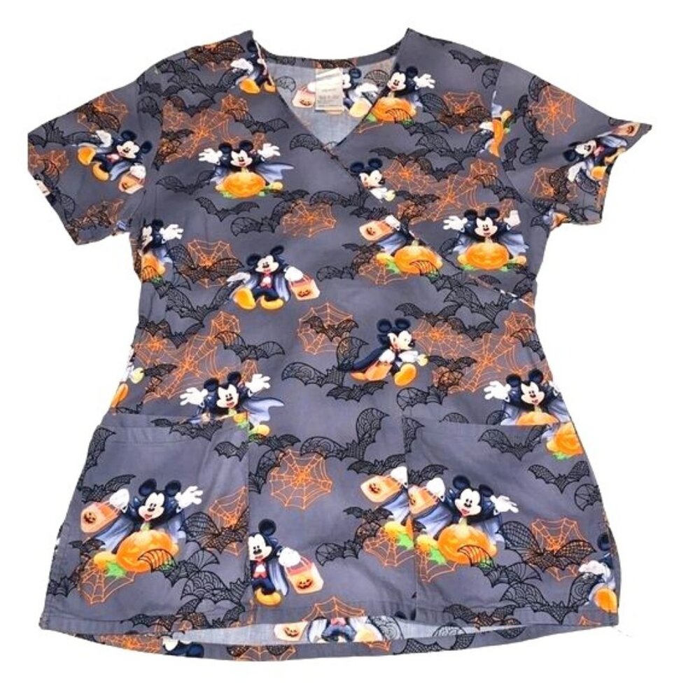 Disney Halloween Mickey Mouse Scrub Top XS Gray Cotton V-Neck Short Sleeve With